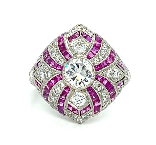 .80ct Center Diamond 1.80ct Ruby Platinum Ring 7 Size 6.34g 1.10ct SD