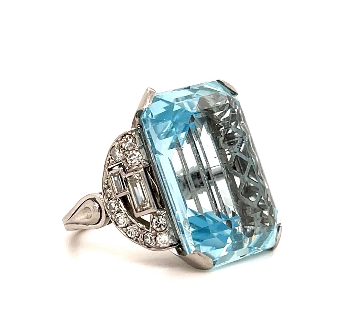 Original Art Deco 30ct Aquamarine 1.10ct Diamond Handmade Platinum Ring 15.62g 7