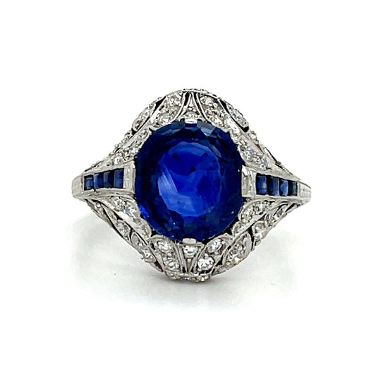 Art Deco 3.78ct Sapphire PT Antique Ring (c 1920s) .68ct Dia .55ct Side Sap