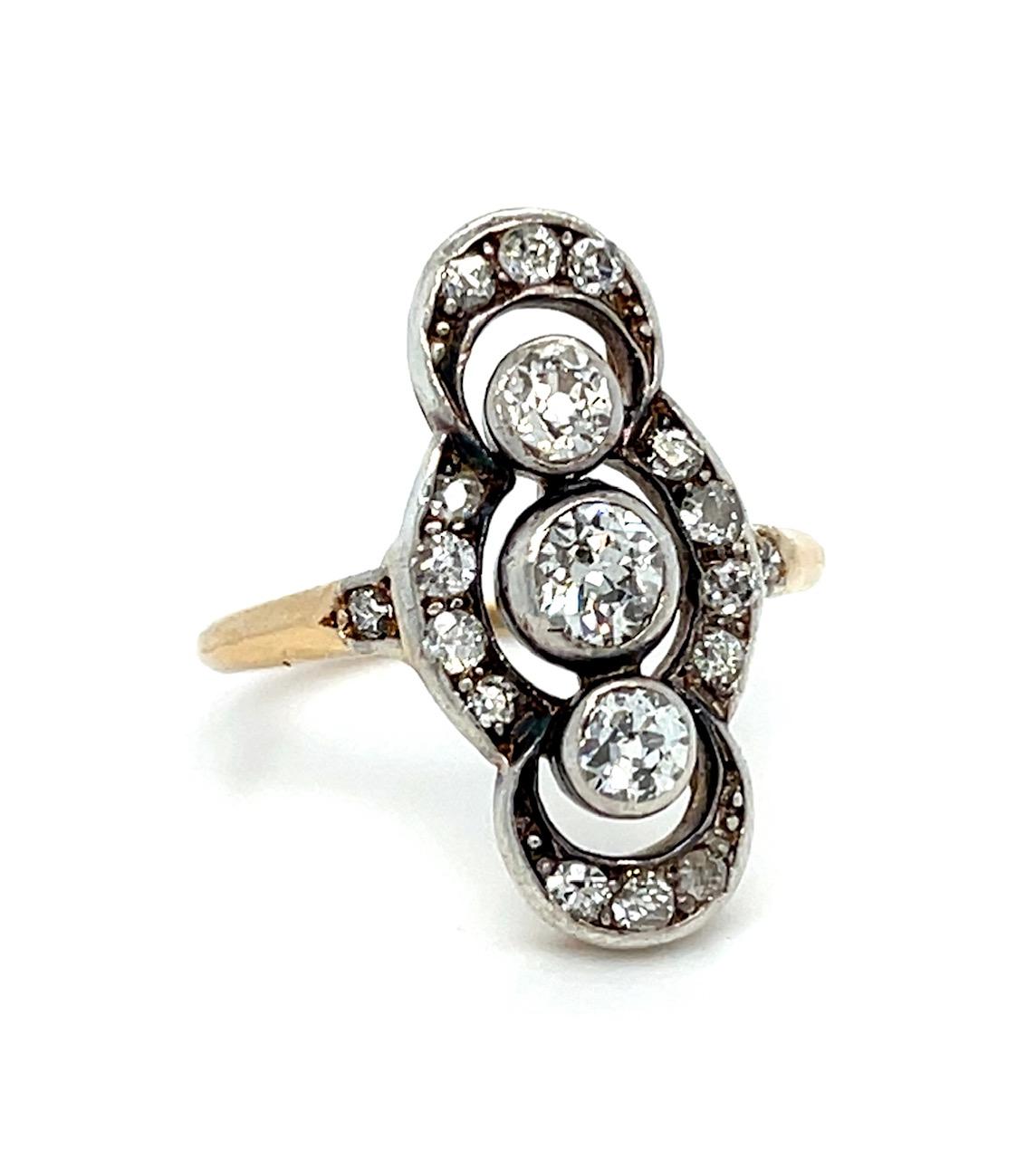 Original Victorian .66ct (3 Center Euro Diamonds) .40ct SD Silver+14KY Ring