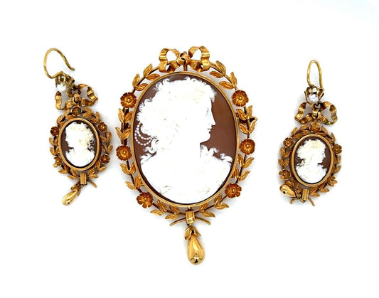 Victorian Cameo 14KY Pendant Earrings Brooch Natural Pearl with box