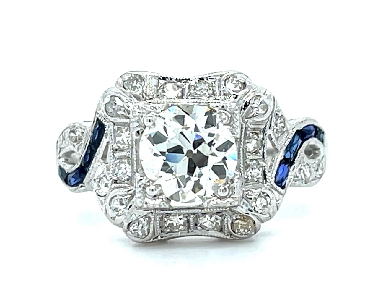 Art Deco 1.20ct Old European Diamond .40ct Sapphire Platinum Ring .66ct SD 4.21g