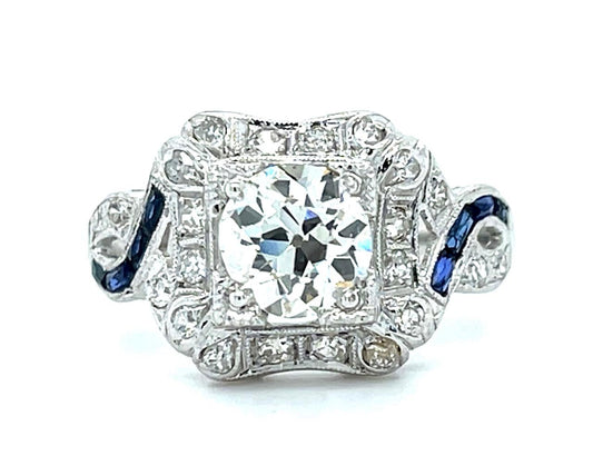 Art Deco 1.20ct Old European Diamond .40ct Sapphire Platinum Ring .66ct SD 4.21g