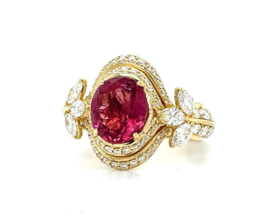 1.84ct Pink Tourmaline 1.28ct Diamond 18KY Estate Ring 5.64g 6 Size