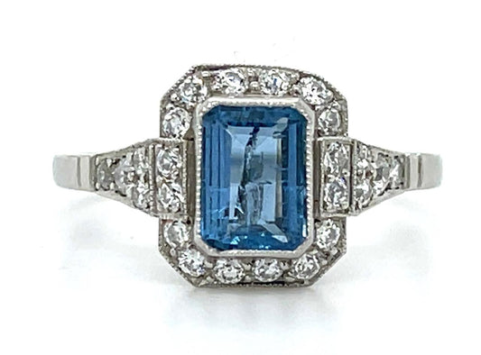.73ct Aquamarine .78ct Diamond Platinum Handmade Ring 3.30g 7 Size