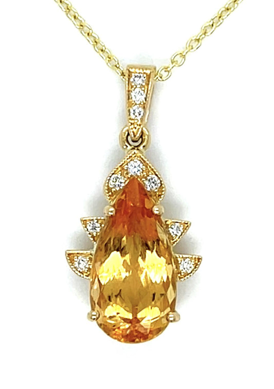 4.56ct Imperial Topaz .11ct Diamond 18KY Pendant 5.20g 1.25" 14K Chain 16"