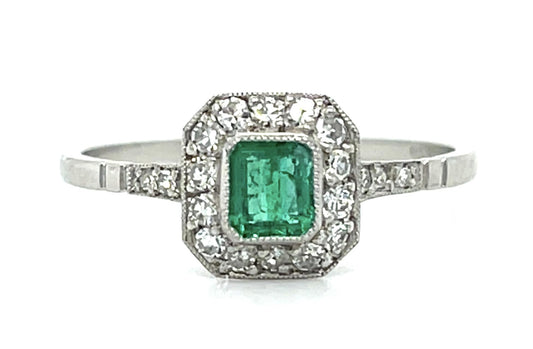 .28ct Emerald .52ct Diamond Platinum Handmade Ring 2.30g 7.50 Size