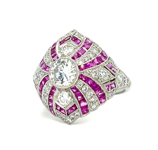 .80ct Center Diamond 1.80ct Ruby Platinum Ring 7 Size 6.34g 1.10ct SD