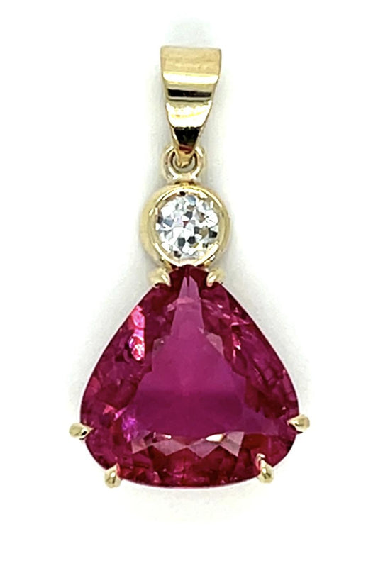 5.64ct Pear Shaped Pink Tourmaline .40ct Diamond 14KY Handmade Pendant 14K Chain