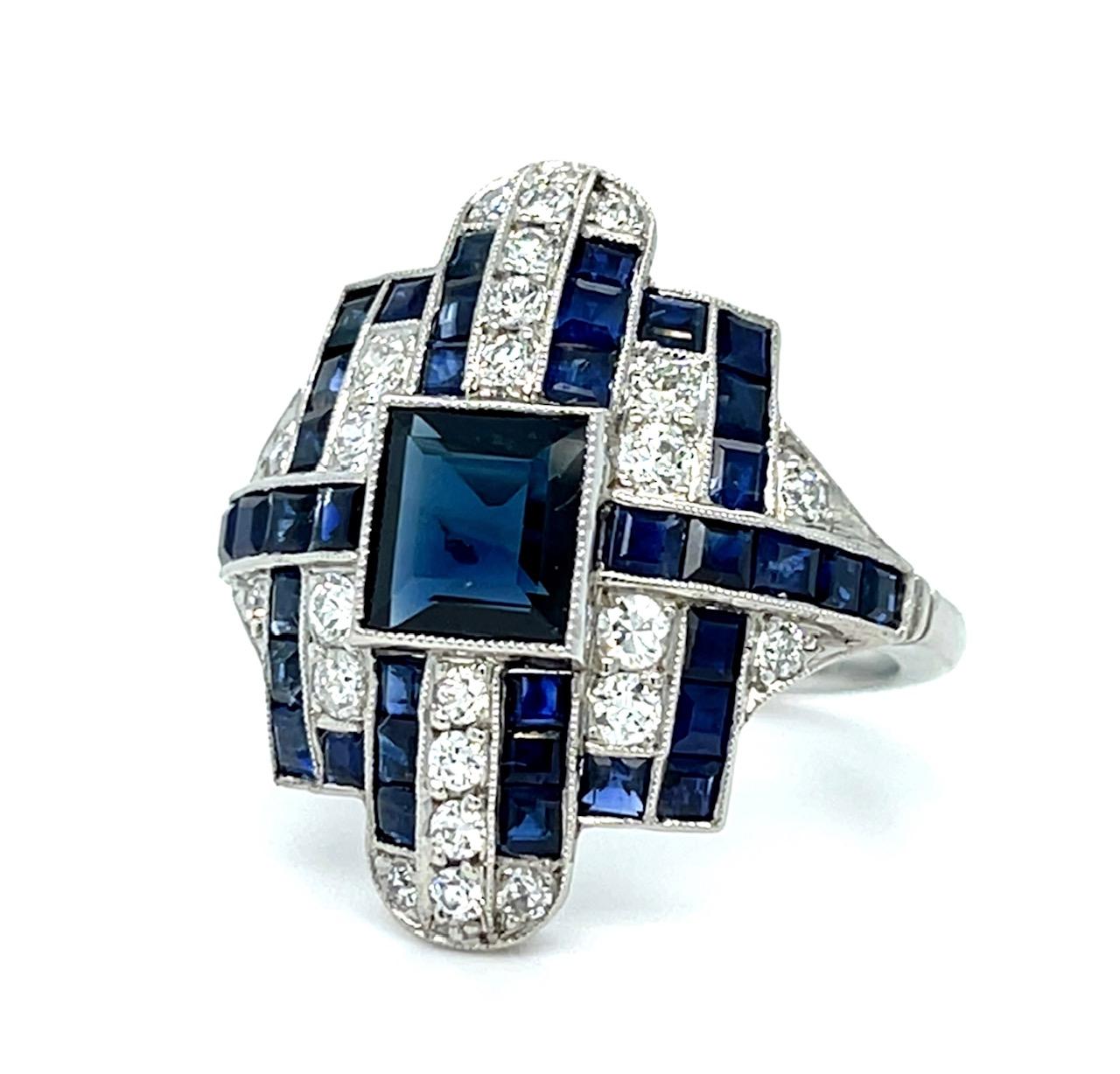 1ct+ Center Sapphire .90ct Diamonds Platinum Handmade Ring 2.60ct Side Sapphire