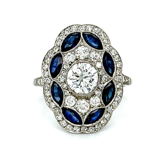 1.01ct Diamond Handmade Platinum Ring .70ct SD 1.36ct Sapphire 7.29g 7 Size