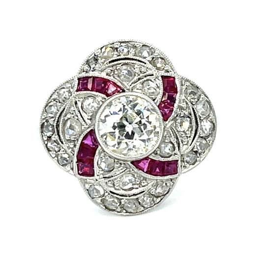.88ct Old European Diamond .60ct Ruby Platinum Handmade Ring .74ct SD 5.80g 7.50
