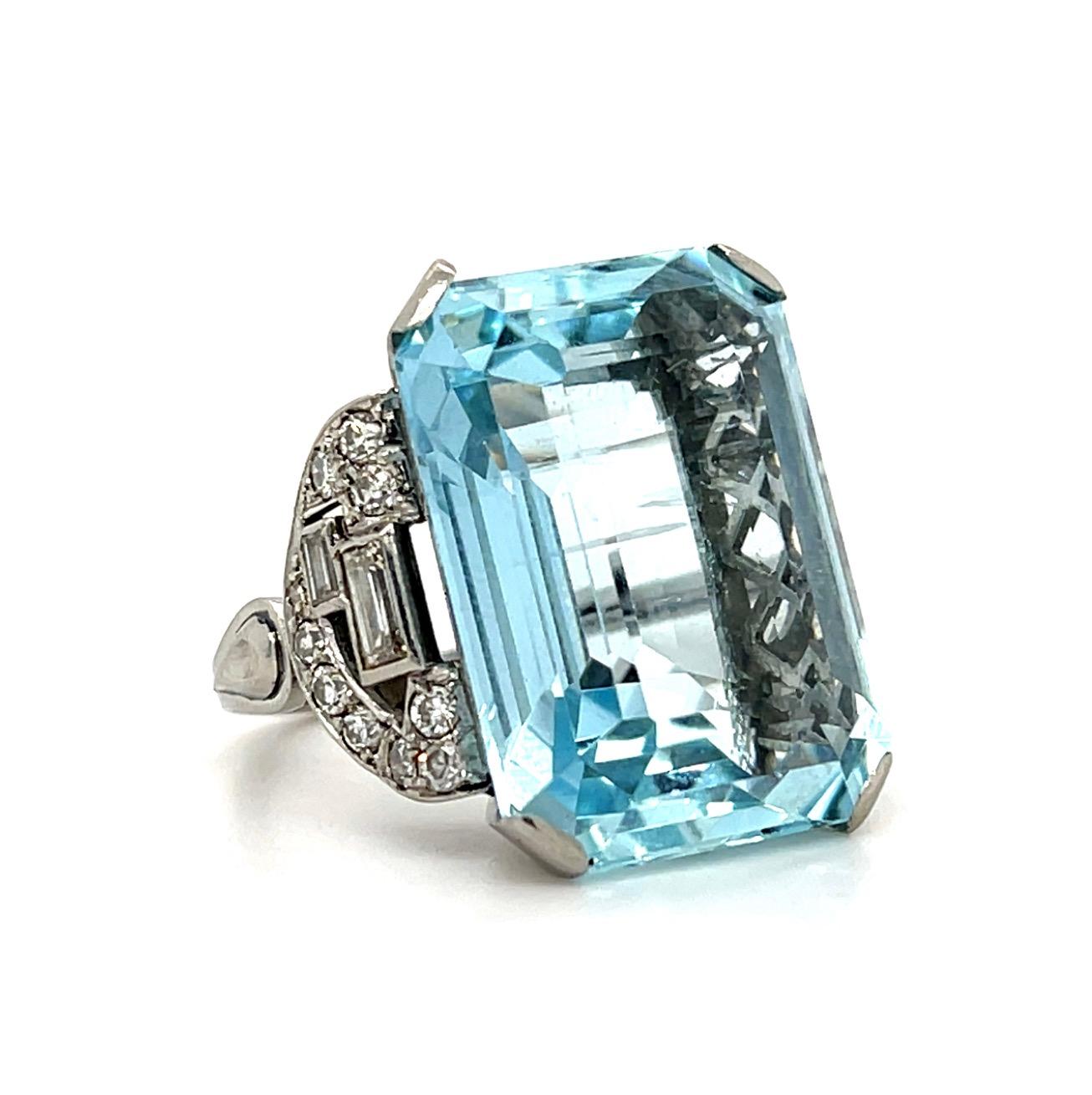 Original Art Deco 30ct Aquamarine 1.10ct Diamond Handmade Platinum Ring 15.62g 7