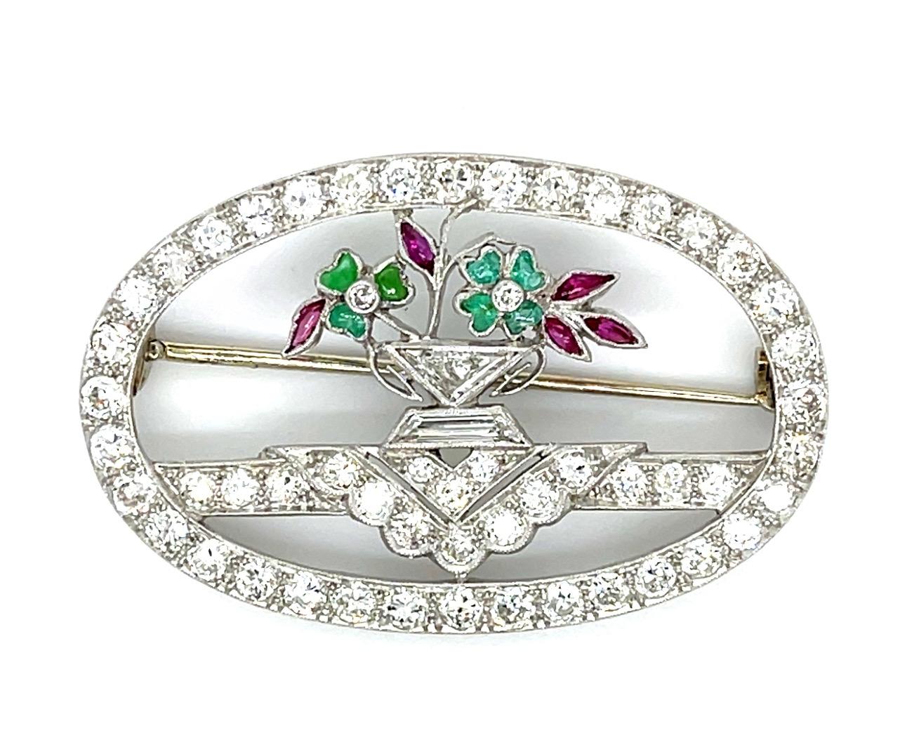 Original Art Deco 3ct Diamond & Gemstone Brooch (Antique 1920s) 7.75g 1.5x1"