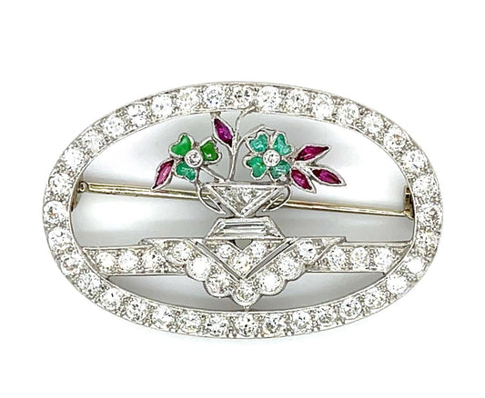 Original Art Deco 3ct Diamond & Gemstone Brooch (Antique 1920s) 7.75g 1.5x1"