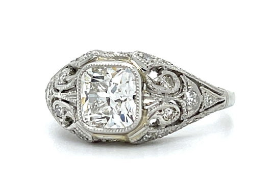 Estate  1.09ct F-g Diamond Cushion Vs1 PT  4.50gr Ring Size 6.50