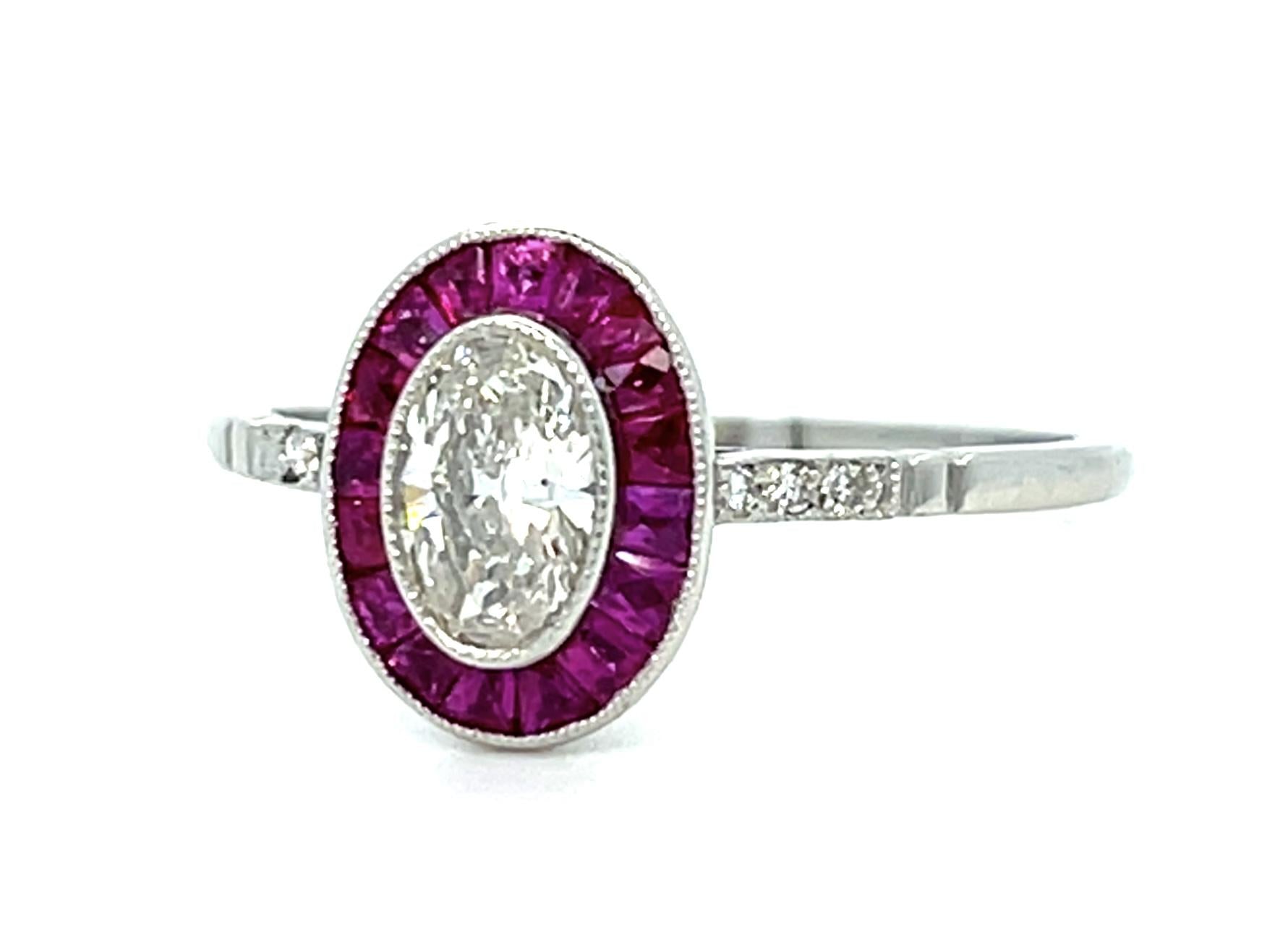 .39ct Oval Diamond .56ct Ruby Platinum Handmade Ring 2.30g 6.75 Size