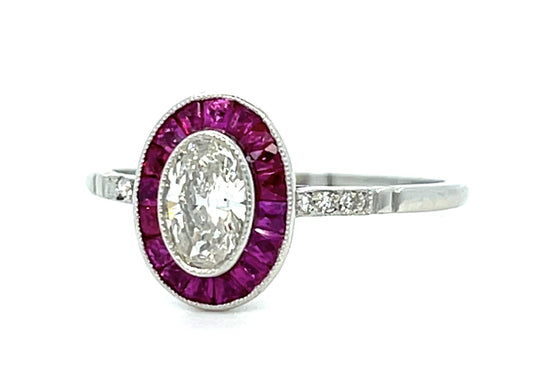 .39ct Oval Diamond .56ct Ruby Platinum Handmade Ring 2.30g 6.75 Size