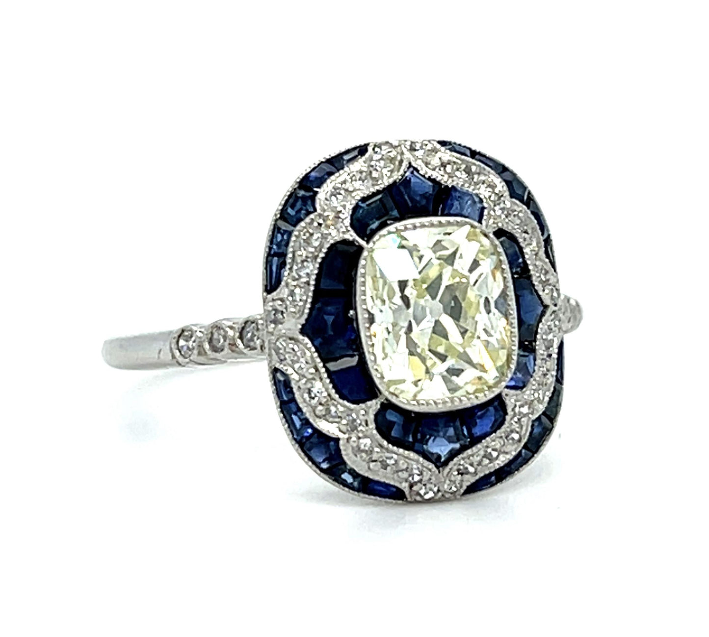 1.16ct Cushion Diamond 1.80ct Sapphire Handmade Platinum Ring .48ct SD 4.22g 7