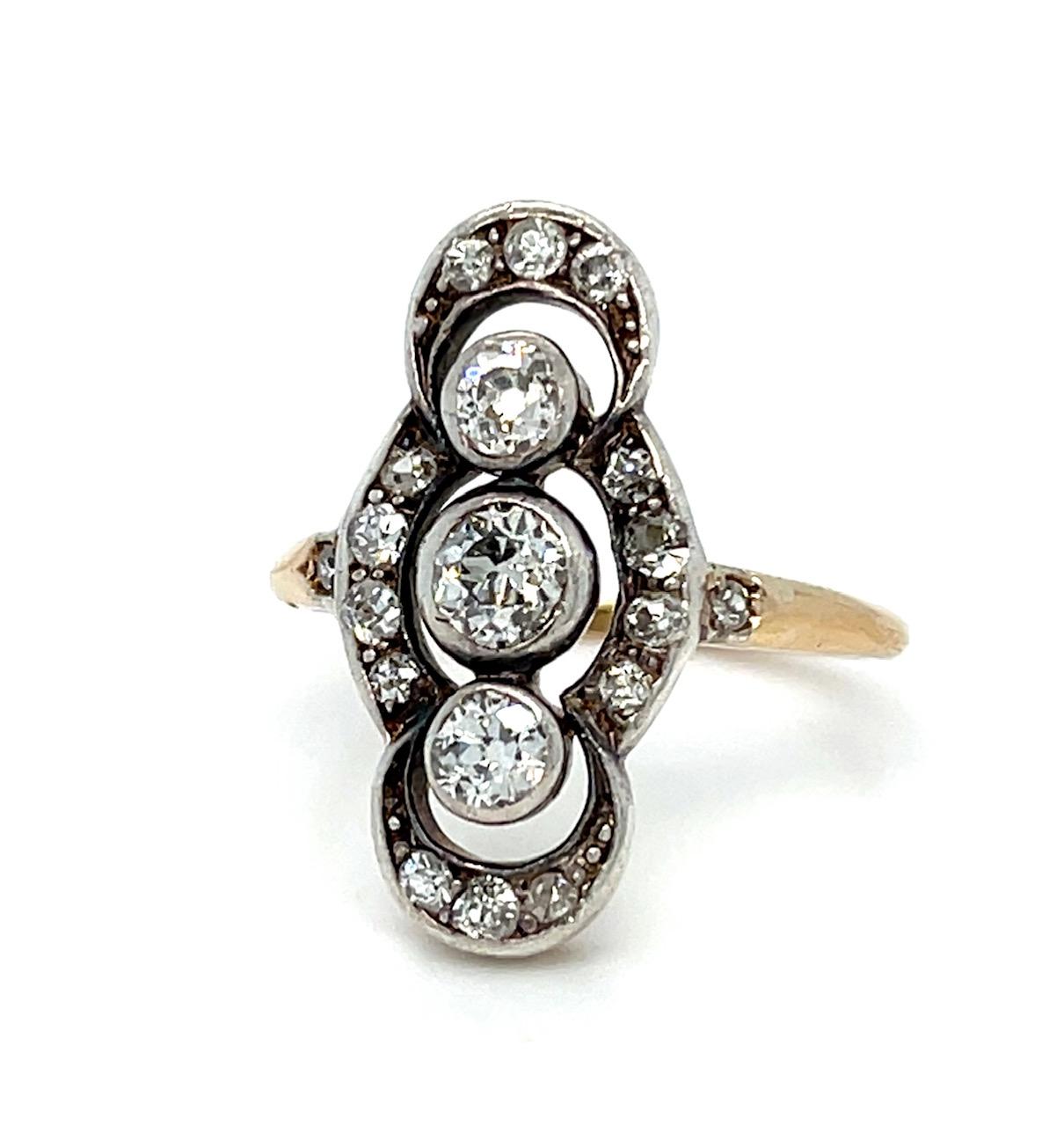 Original Victorian .66ct (3 Center Euro Diamonds) .40ct SD Silver+14KY Ring