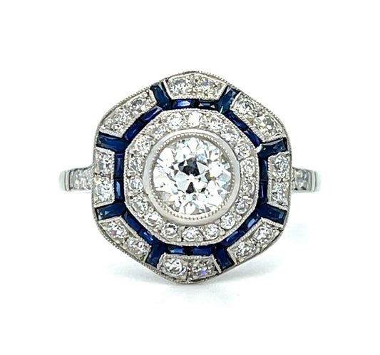 .76ct Old European Diamond .90ct Sapphire Platinum Handmade Ring 5.73g 7 Size