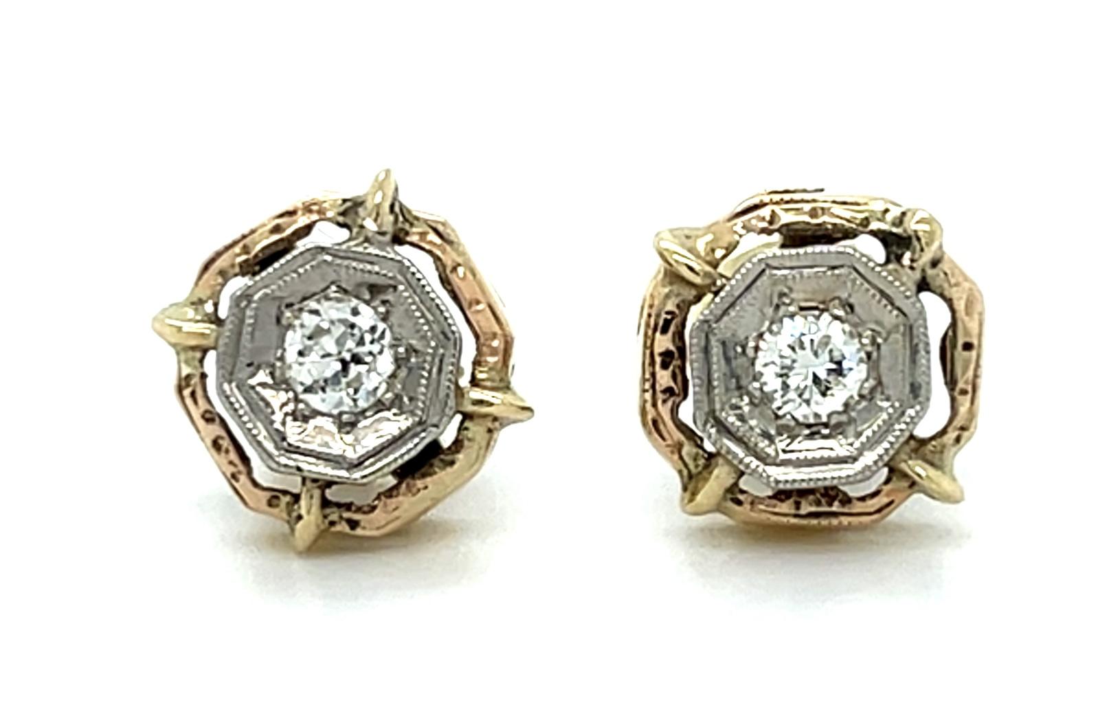 Estate  0.24ct European-cut Diamond 14KY 2 Tone Gold 2.00gr Art Deco Earrings
