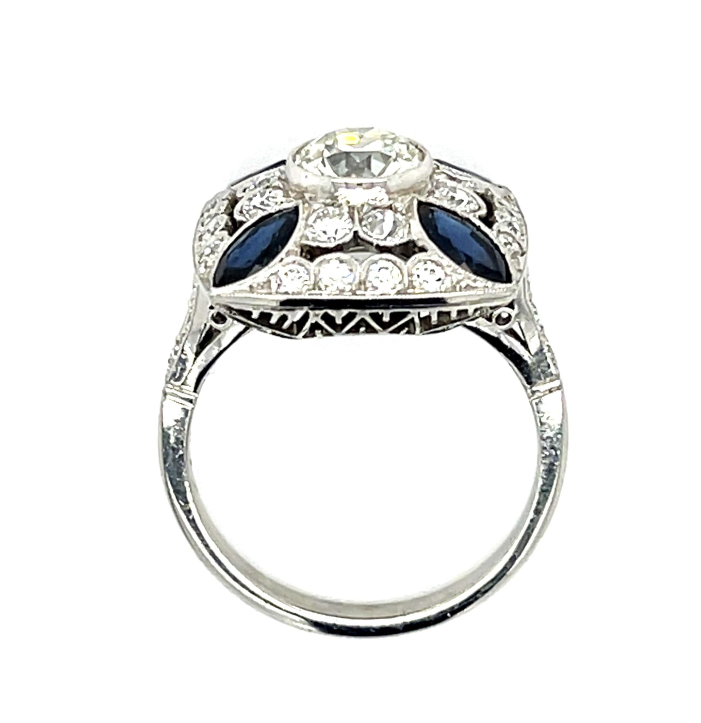 .97ct Old European Cut Diamond 1ct Sapphire .90ct SD Platinum Handmade Ring 6.73