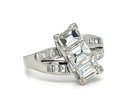 1.80ct (3 Emerald Cut Diamonds) .42ct SD Platinum Ring (Vintage 1950s) 6g 6.50 S