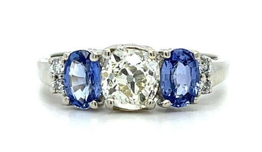 1ct+ Old Mine Diamond .60ct Sapphire 18KW Ring .12ct SD 3.10g 7 Size