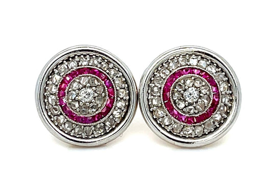 Art Deco 1.50ct Diamonds .40ct Ruby PT + 18KY Stud Earrings (Antique 1930s)