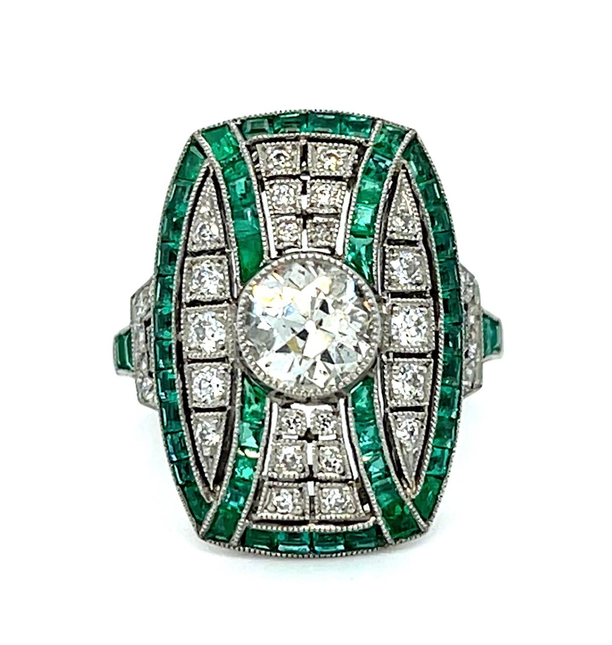 1.01ct Old Euro Diamond 2.78ct Emerald Platinum Handmade Ring .74ct SD 7.64g