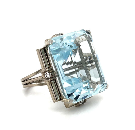 Original Retro 37ct Aquamarine approx .20ct Diamond PT+18KW Ring (Vintage 1940s)