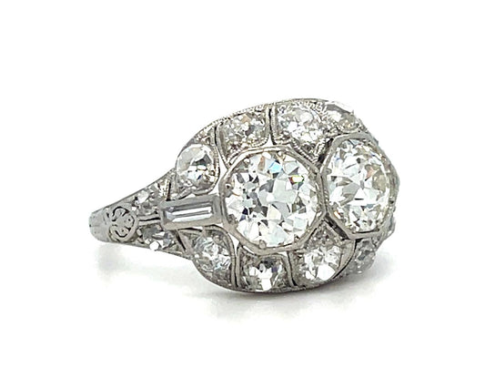 Art Deco 2.15ct (2 Euro Dia I-J VS-SI) Platinum Two Stone Ring (1920s) 1.55ct SD