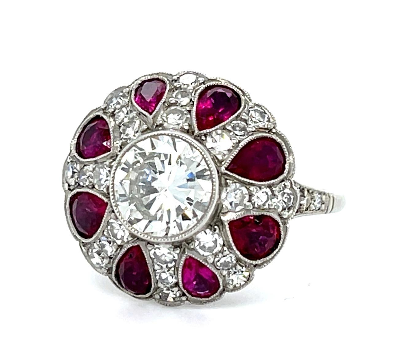 1.19ct Round Diamond 2.40ct Pear Ruby Platinum Handmade Ring .86ct SD 6.10g