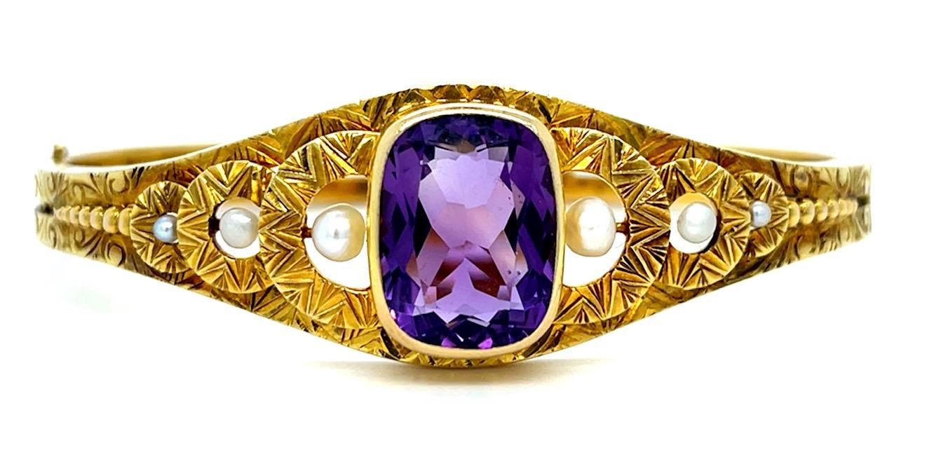 Victorian 12ct Amethyst Natural Pearl Hand Engraved 14KY Bangle Bracelet (Antiqu