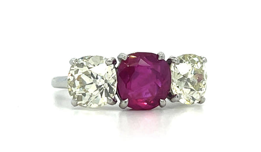 Cartier Art Deco 3.41ct Burma No Heat Ruby PT Ring (1930s) 3.90ct Old Euro Dia