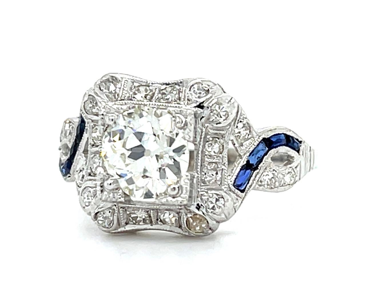Art Deco 1.20ct Old European Diamond .40ct Sapphire Platinum Ring .66ct SD 4.21g
