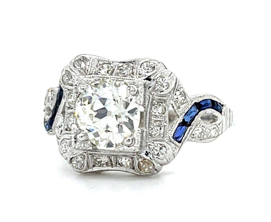 Art Deco 1.20ct Old European Diamond .40ct Sapphire Platinum Ring .66ct SD 4.21g