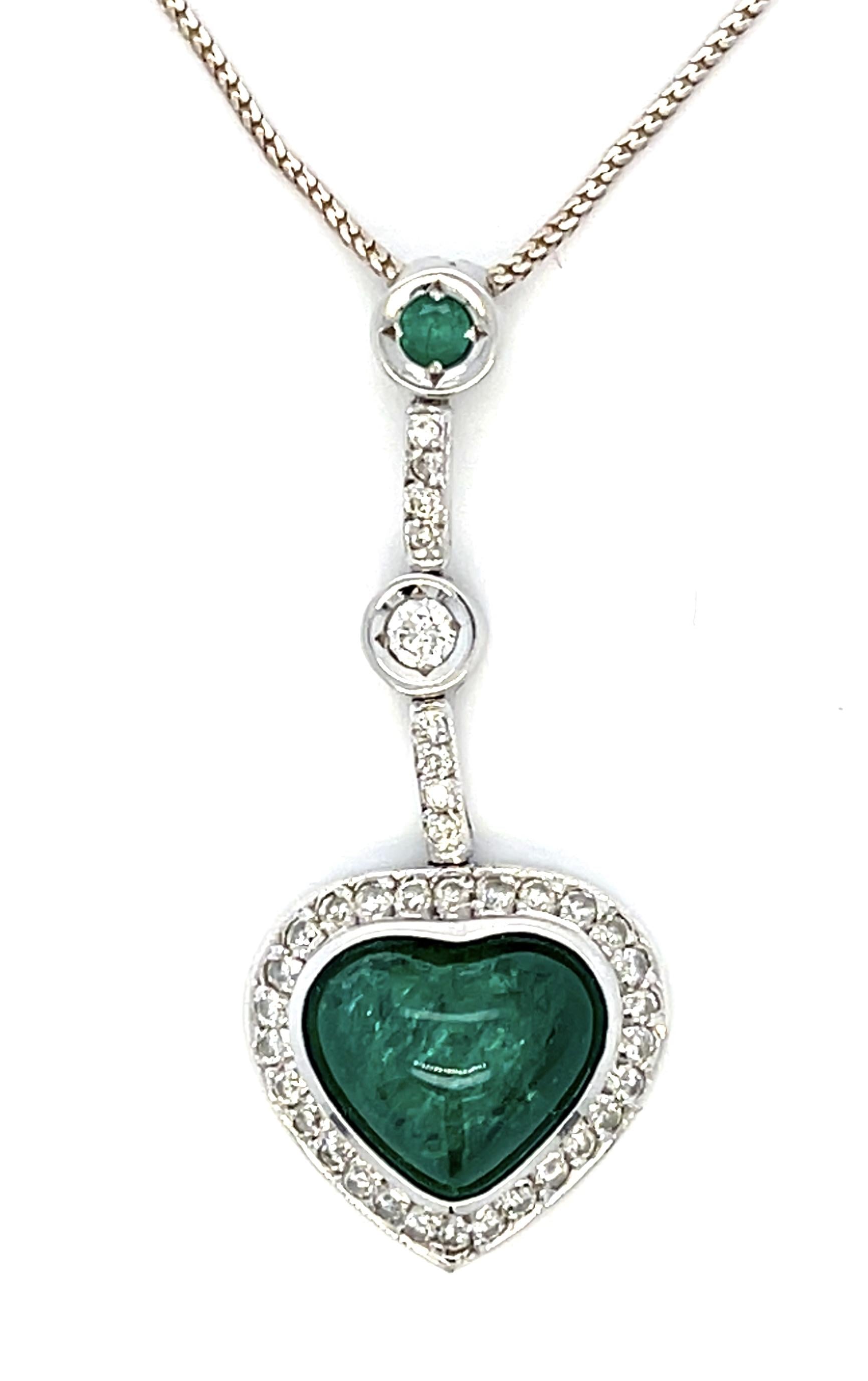 3.70ct Heart Cabochon Emerald .40ct Diamond 14KW Pendant 7.90g 24" Adjustable