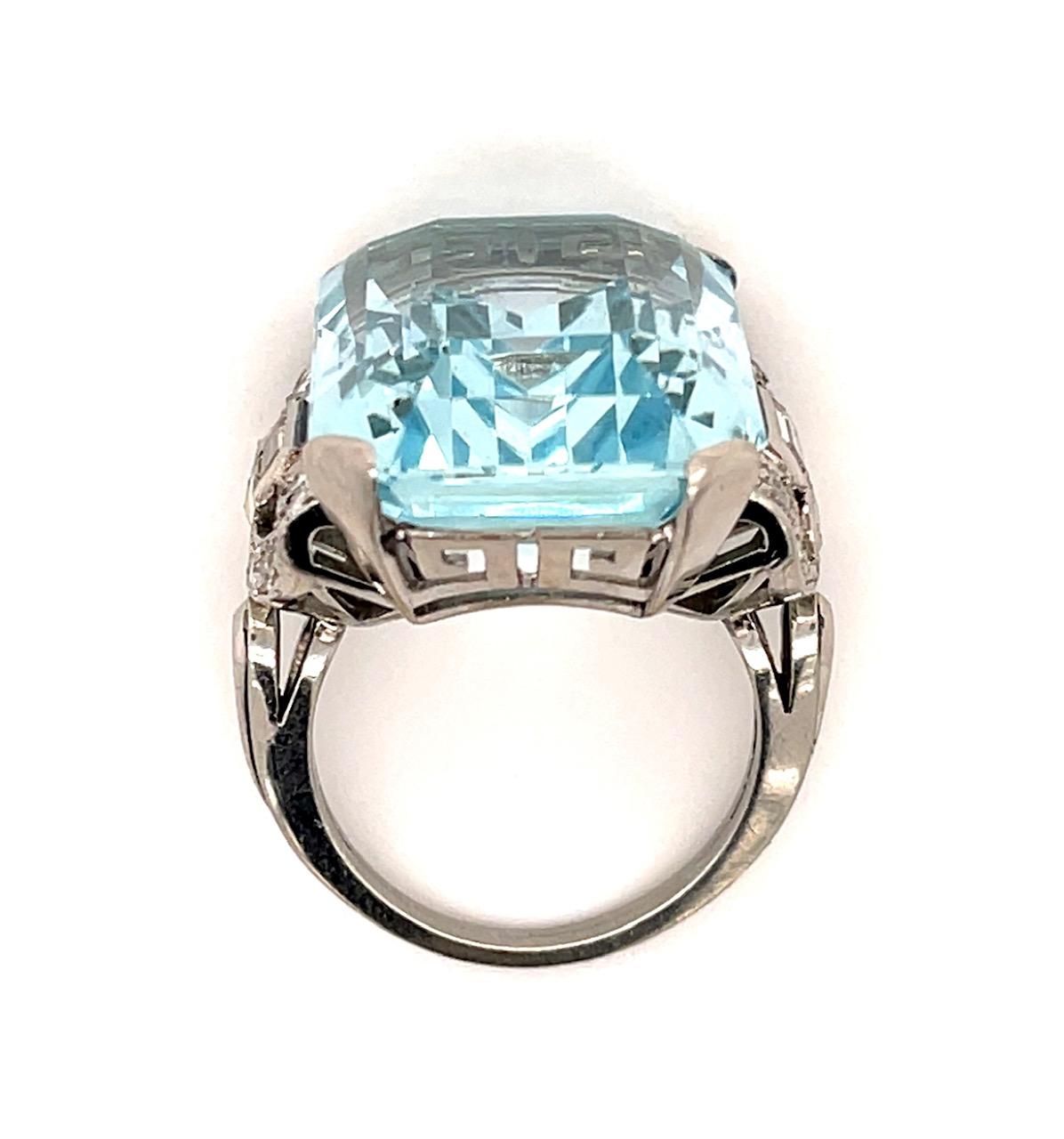 Original Art Deco 30ct Aquamarine 1.10ct Diamond Handmade Platinum Ring 15.62g 7