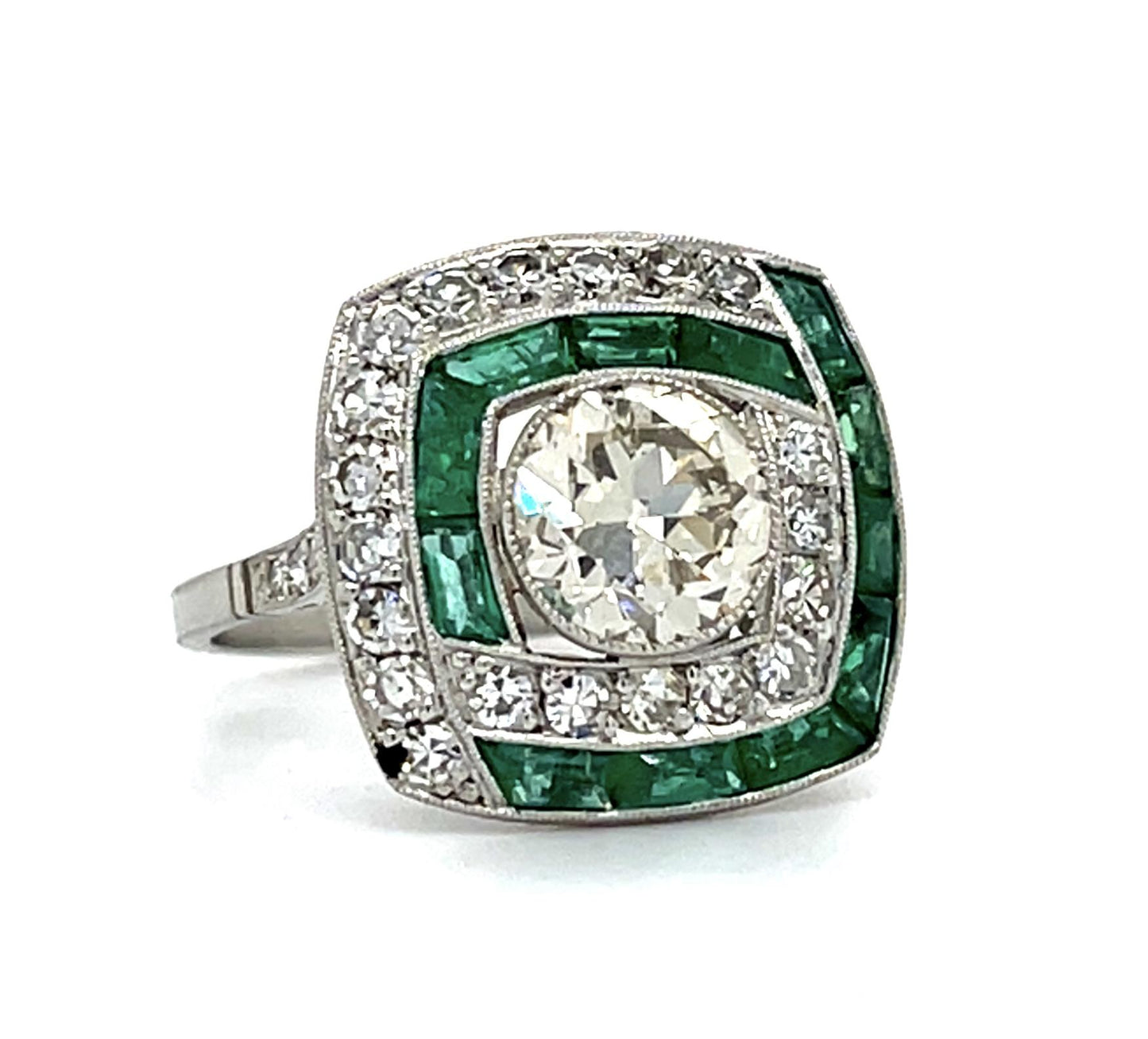 1.43ct Old European Cut Diamond 1ct Emerald .92ct SD Handmade Platinum Ring 7.50