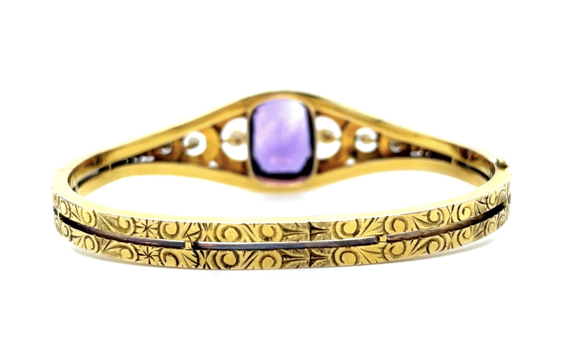 Victorian 12ct Amethyst Natural Pearl Hand Engraved 14KY Bangle Bracelet (Antiqu