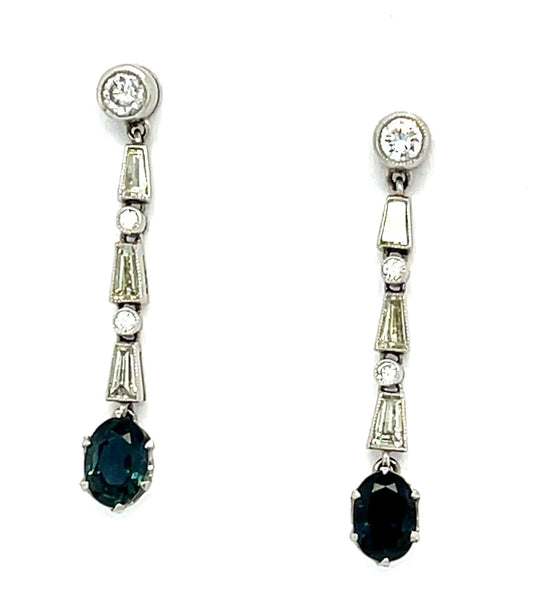 1ct Sapphire 1ct Diamond Platinum Handmade Drop Earrings 3.60g 1.15"