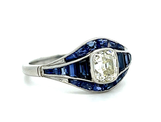 .86ct Old Cushion Diamond 1.76ct Sapphire Platinum Handmade Ring 5.26g 6.75 Size