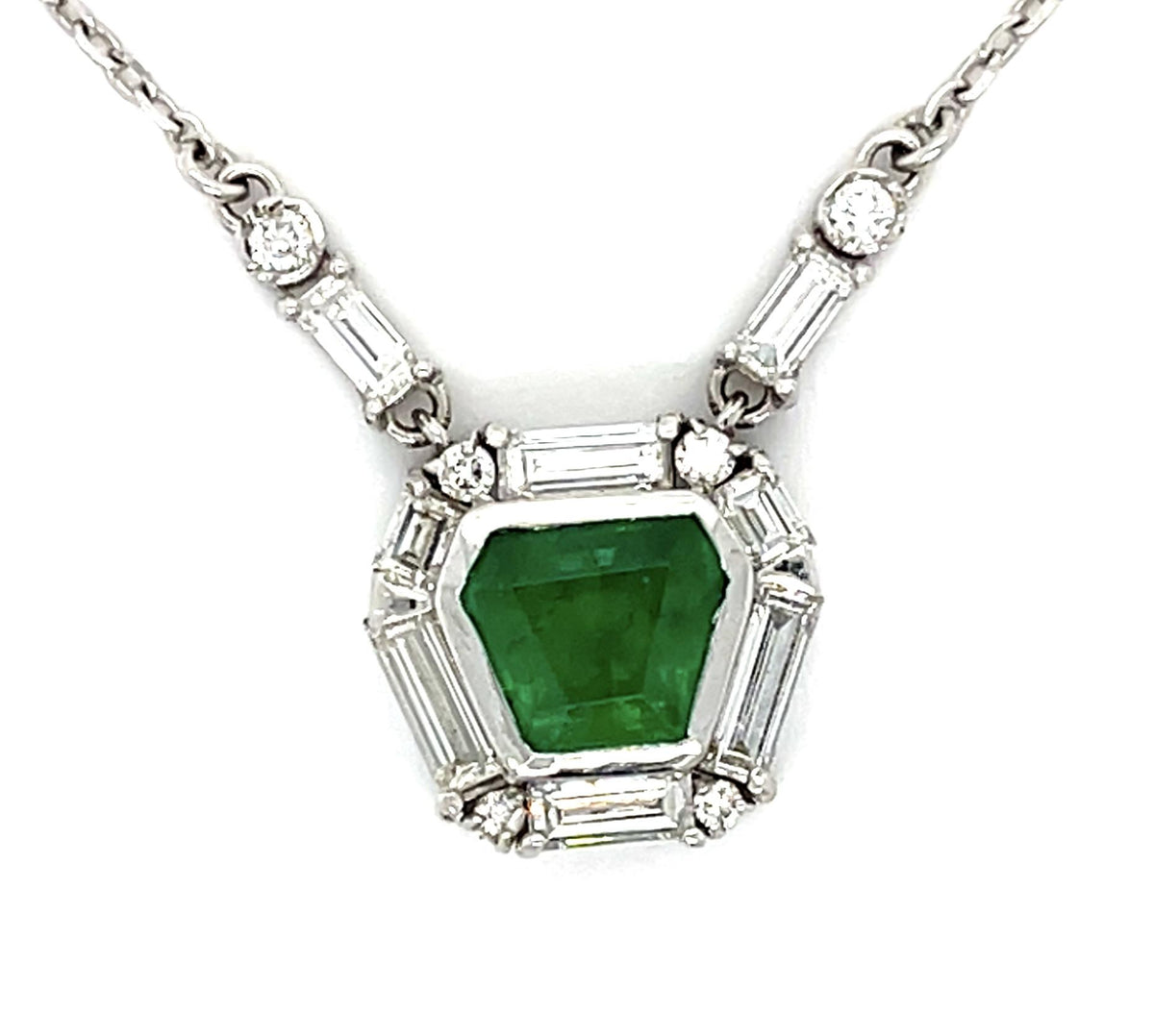 1.66ct Emerald 1.26ct Diamond 18KW Pendant 6.70g 17" Length