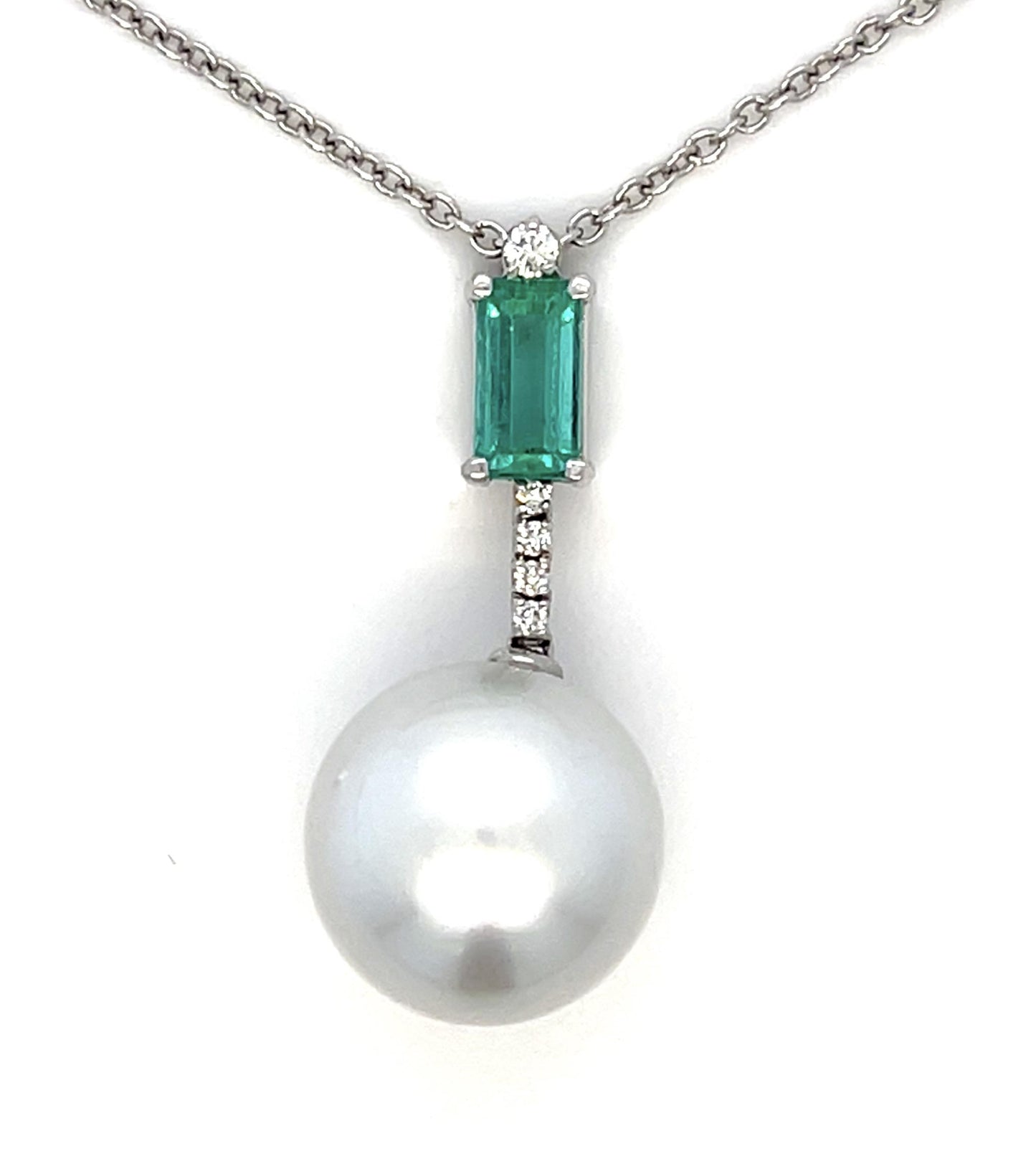 13mm Pearl .95ct Emerald .06ct Diamond 14KW Pendant 7.10g