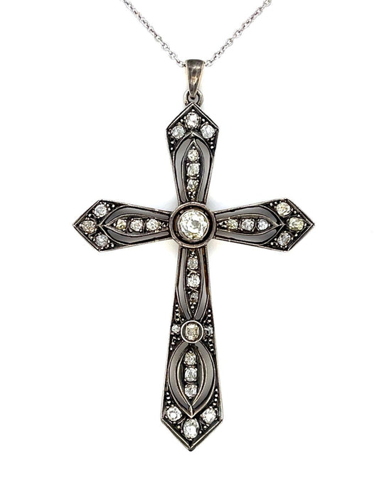 Original Victorian .25ct Euro Dia 1ct SD 14KW+Silver Cross/Pendant Antique 1880s