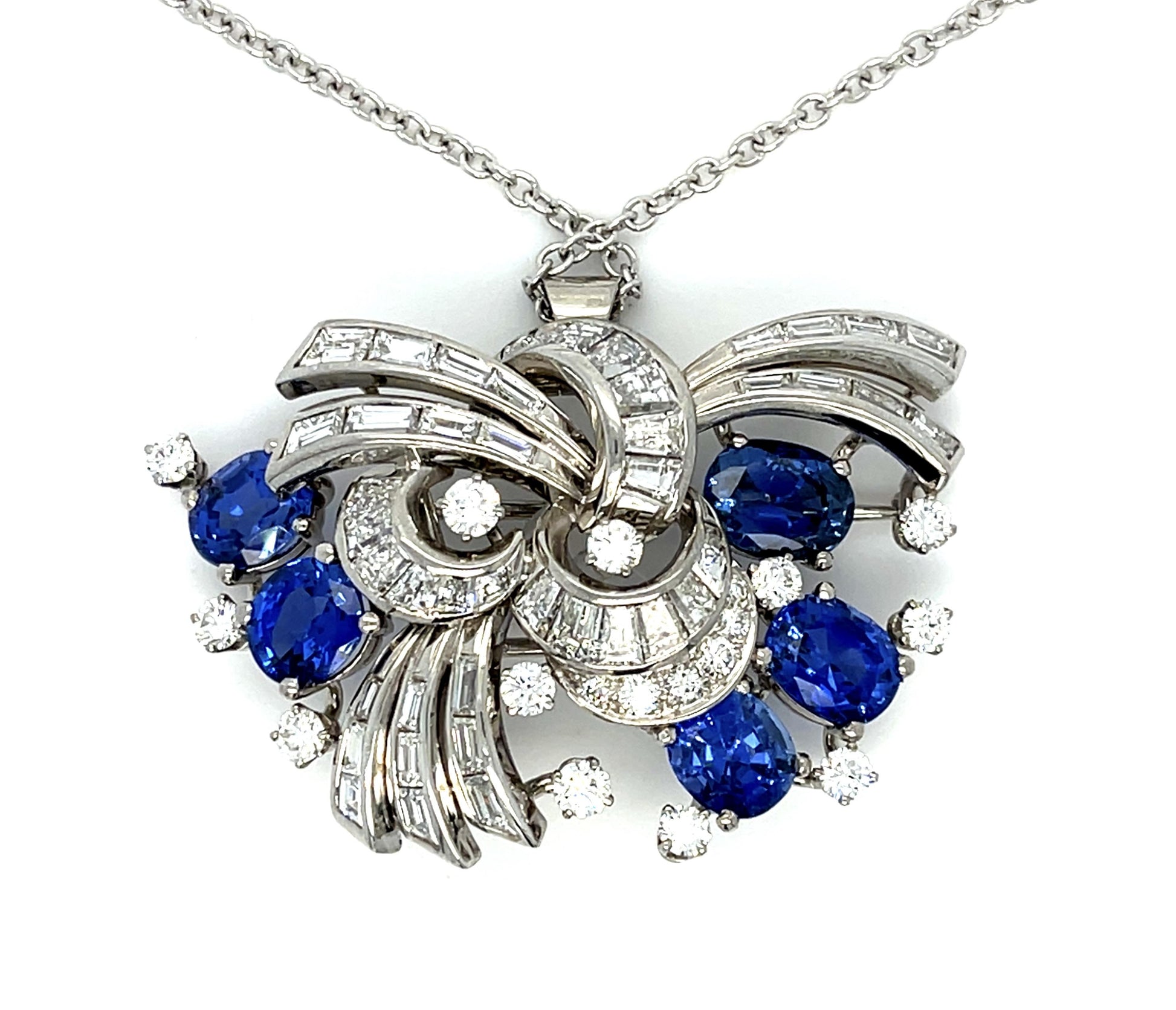 Gubelin 6.55ct Burma No Heat Sapphires & Dia Platinum Pendant Brooch