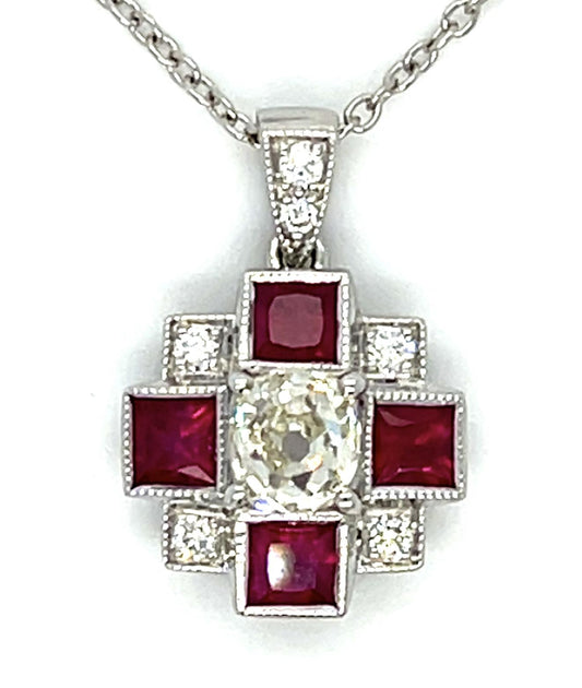 .77ct Old Mine Cut Dia .96ct Ruby 18KYW Pendant .11ct Diamond 4.30g 14KY Chain