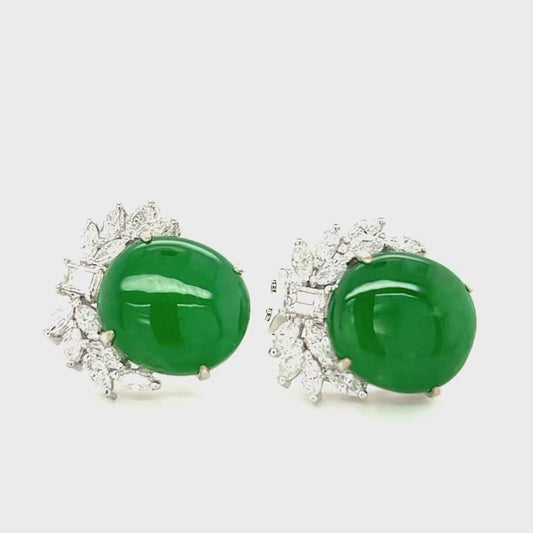 GIA 8.50ct Untreated A Jade 2.20ct Diamonds 18KW Estate Earrings (Circa 1980s)